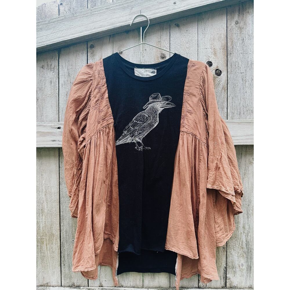 Upcycled Crow Raven Shirt | Dark Cottagecore Top | Folk Art Bird Tee